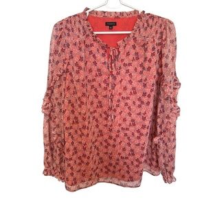 Talbots Top Women's Size Large Blouse‎ Floral Print Sheer Tie Neck Casual Pink